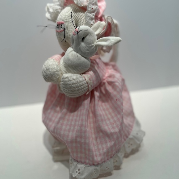 Vintage Handcrafted Socks and Pink Gingham Bunny Mommy and Baby Bunny - Picture 5 of 13